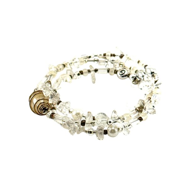 Clear Quartz Chip Bead Memory Wire Bracelet with Silver Accents and Barrel Clasp - Picture 1 of 6